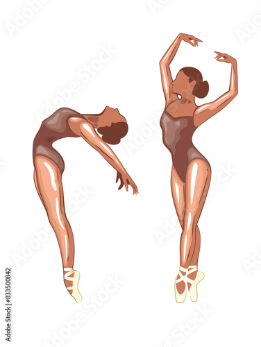 Ballerina illustration, ballerinas poses. Gymnastics girl. Girl dancing classical choreography. Ballet set female. Pointe shoes. Hand drawn vector art work isolated on white background