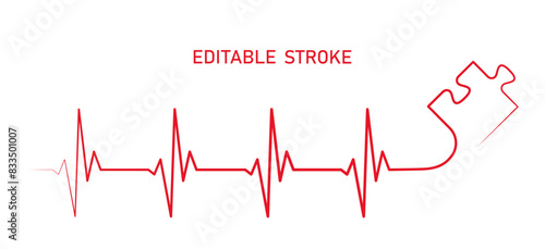 Editable lines heart rhythm illustration with puzzle piece, heartbeat line vector design to use for healthcare, business idea, healthy lifestyle, brainstorm concept illustration projects. 