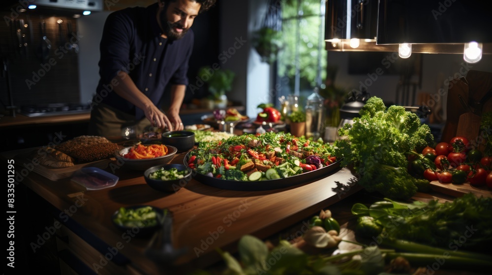 An individual carefully chopping vegetables and preparing a colorful salad in a well-lit, contemporary kitchen setting An individual carefully chopping vegetables and preparing a colorful salad in a well-lit, contemporary kitchen setting