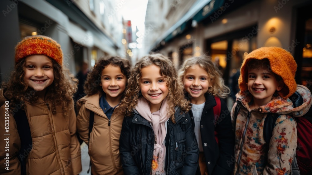 Five joyful kids posing with big smiles on a city street, embodying childhood happiness Five joyful kids posing with big smiles on a city street, embodying childhood happiness