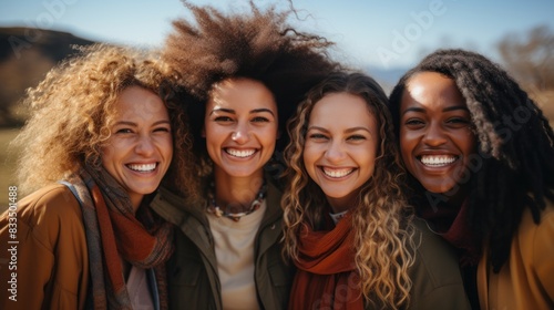 Four diverse young women smiling brightly, showcasing friendship and happiness