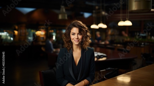 A fashionable woman with curly hair smiling confidently in a sophisticated bar setting