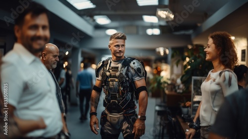 A man dressed in advanced exoskeleton technology is seen socializing at a high-tech event, showcasing futuristic innovations