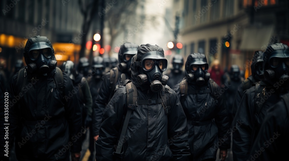 Mysterious image of a group walking in an urban setting with deliberately obscured faces Mysterious image of a group walking in an urban setting with deliberately obscured faces
