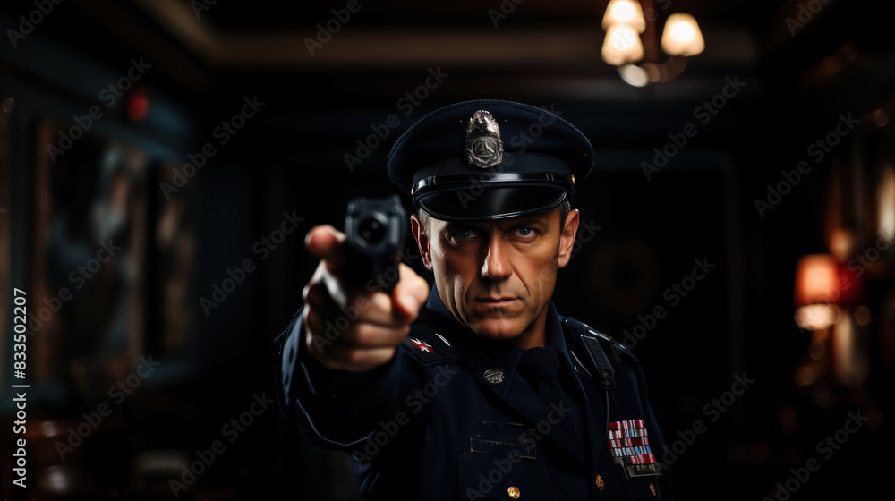 A focused police officer in uniform aiming his handgun straight forward in a dimly lit room with paintings A focused police officer in uniform aiming his handgun straight forward in a dimly lit room with paintings