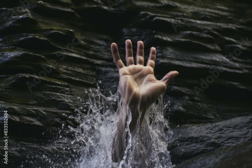 Powerful image of hands splashing through water against dark rocks