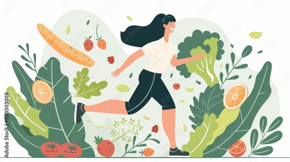 Fit and energetic woman running through a lush plant filled environment while following a personalized nutrition and exercise plan for optimized health fitness and wellness goals Fit and energetic woman running through a lush plant filled environment while following a personalized nutrition and exercise plan for optimized health fitness and wellness goals