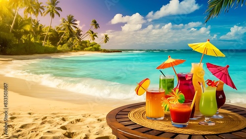 Art tropic summer vacation  Exotic drinks on blur tropical beach background