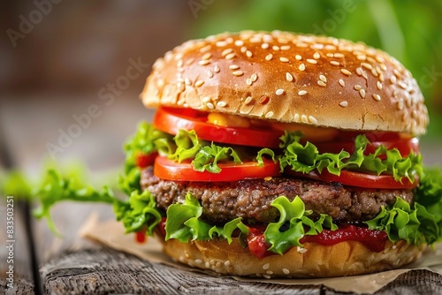 Fresh Gourmet Cheeseburger with Lettuce  Tomato  Onion  and Pickles on a Sesame Bun