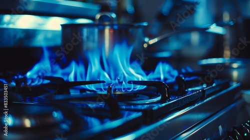 gas stove flame in a kitchen, cooking scene, blue fire, close up, focus on, copy space, Double exposure silhouette with pots and pans photo