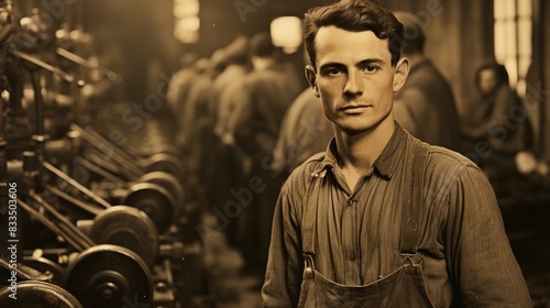 An old-timey sepia-toned image of a worker in front of industrial machinery, evoking a historic feel photo