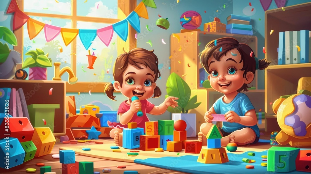 Vibrant and Engaging Toddler Playtime Scene with Colorful Educational Toys Building Blocks Art Supplies and Fun Activities Promoting Learning and Creativity Vibrant and Engaging Toddler Playtime Scene with Colorful Educational Toys Building Blocks Art Supplies and Fun Activities Promoting Learning and Creativity