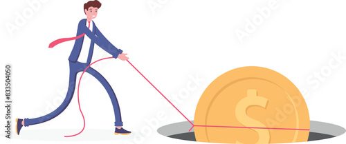 efforts not to experience losses and bankruptcy. prevent from losing money. a businessman tries to pull a coin so it doesn't fall into the hole. Financial Problem. illustration concept design. element