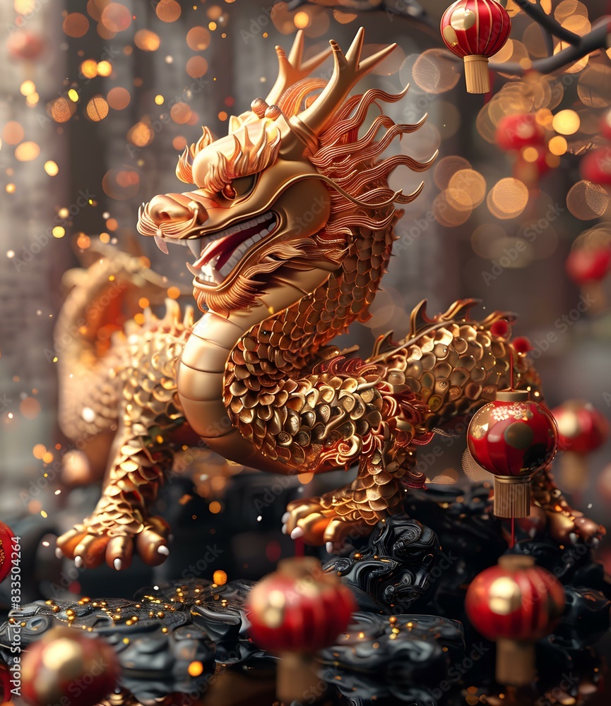 Obraz premium A golden dragon playing with a pearl