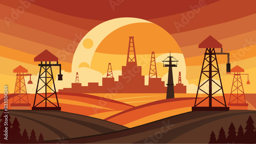 An iconic image of progress and prosperity as the oil derricks stand tall against the backdrop of a setting sun.. Vector illustration