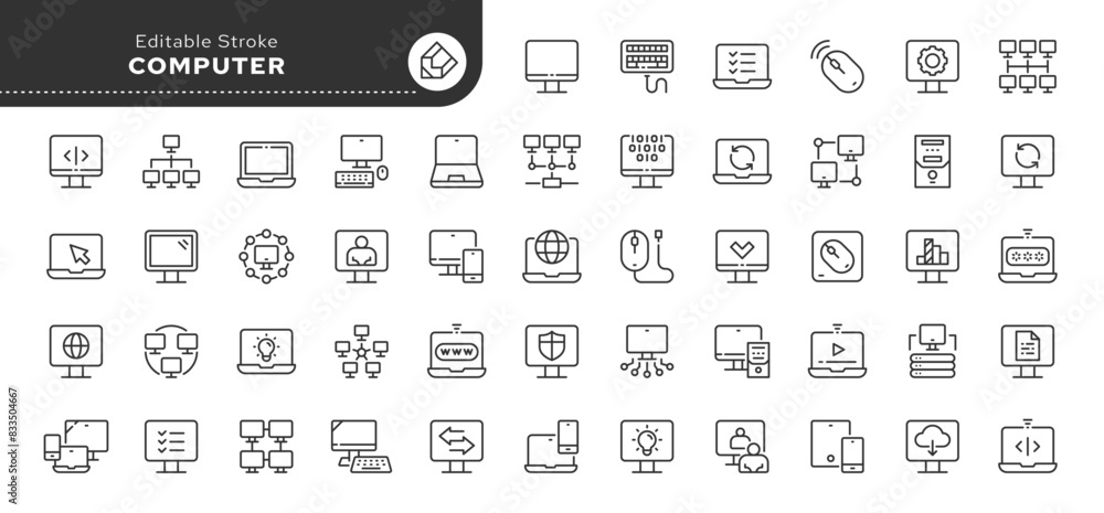Computer and laptop line icon set. Network, setup, media connection and components. Outline vector icon in linear style. Conceptual pictogram collection. Computer and laptop line icon set. Network, setup, media connection and components. Outline vector icon in linear style. Conceptual pictogram collection.