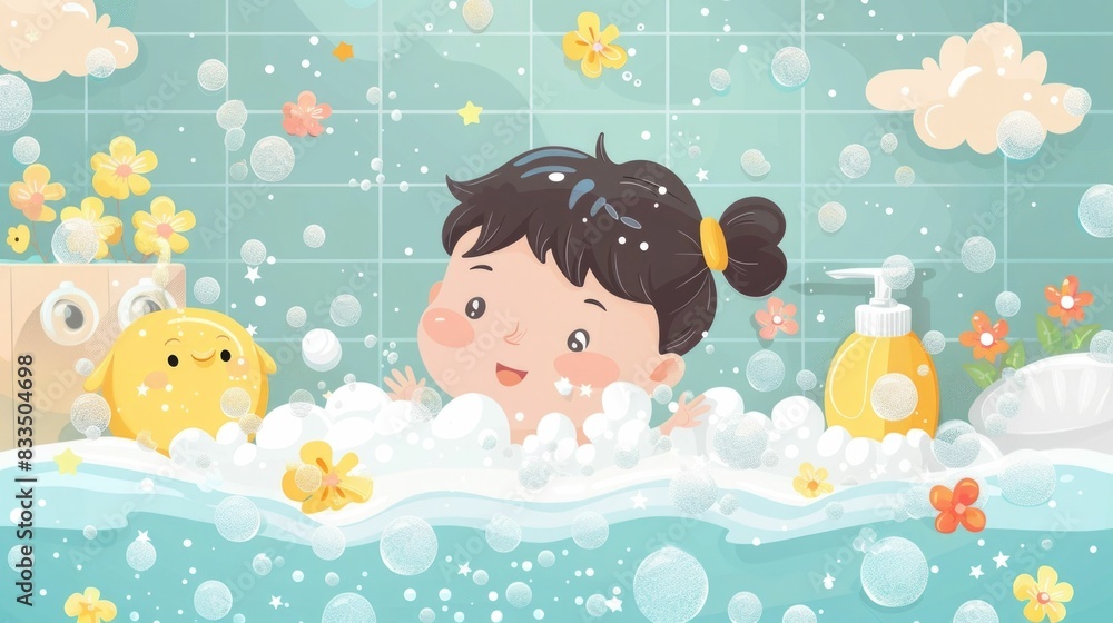 Adorable baby or toddler child enjoying a gentle bubble bath time with organic soap suds ensuring care and cleanliness in a relaxing and joyful manner Adorable baby or toddler child enjoying a gentle bubble bath time with organic soap suds ensuring care and cleanliness in a relaxing and joyful manner