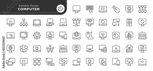 Computer and laptop line icon set. Network, setup, media connection and components. Outline vector icon in linear style. Conceptual pictogram collection.