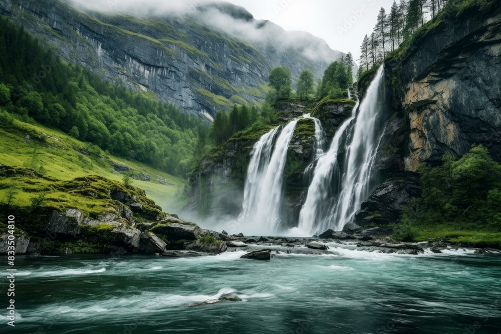 Breathtaking view of a powerful waterfall cascading down a rocky cliff into a serene river Breathtaking view of a powerful waterfall cascading down a rocky cliff into a serene river
