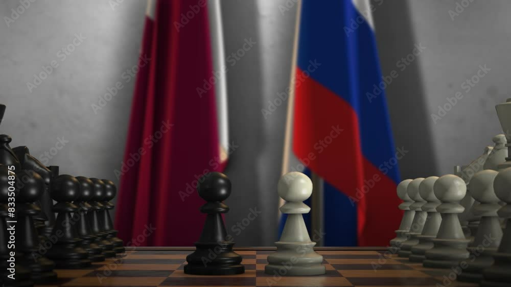Qatar and Russia National Flags with Chess Game Animation. Politics Concept, Government Conflict Qatar and Russia National Flags with Chess Game Animation. Politics Concept, Government Conflict