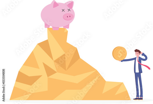 difficult on saving. obstacles, barriers, and problems when wanting to saving money. A businessman wants to put coins in a piggy bank. investment constraints. illustration concept design. vector


