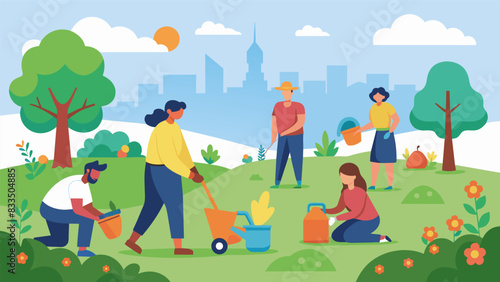 The scent of freshly grass fills the air as the gardening club convenes in the local community park.. Vector illustration