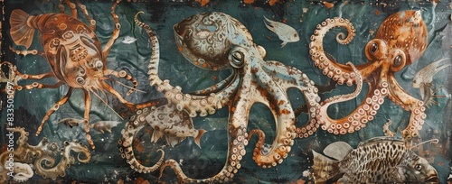 abstract mural wall artwork, collage of engraved style sea creatures such as octopus, fish, squid, shrimps, layered in vintage style