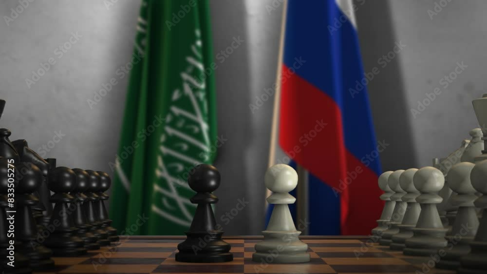 Saudi Arabia and Russia National Flags with Chess Game Animation. Politics Concept, Government Conflict Saudi Arabia and Russia National Flags with Chess Game Animation. Politics Concept, Government Conflict