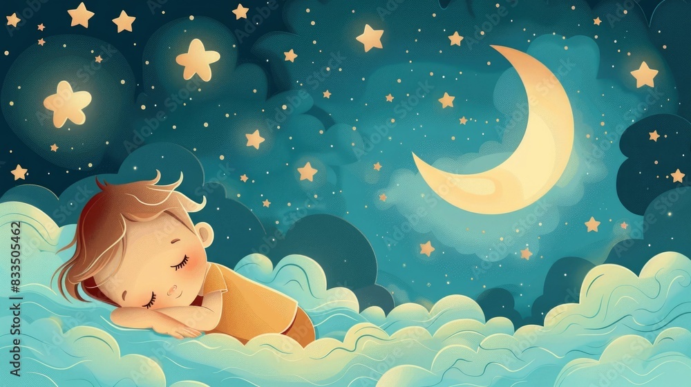 of a sleeping baby nestled in clouds being soothed to sleep by the gentle glow of the moon and twinkling stars A serene whimsical scene evoking feelings of comfort peacefulness and the magic of of a sleeping baby nestled in clouds being soothed to sleep by the gentle glow of the moon and twinkling stars A serene whimsical scene evoking feelings of comfort peacefulness and the magic of