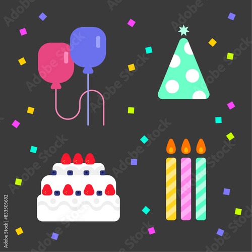 생일 파티에 필요한 케이크와 촛불 풍선 고깔모자 벡터 요소들