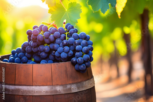 Grapes in a wooden barrel in a sunlit vineyard, with rows of grapevines and green leaves.