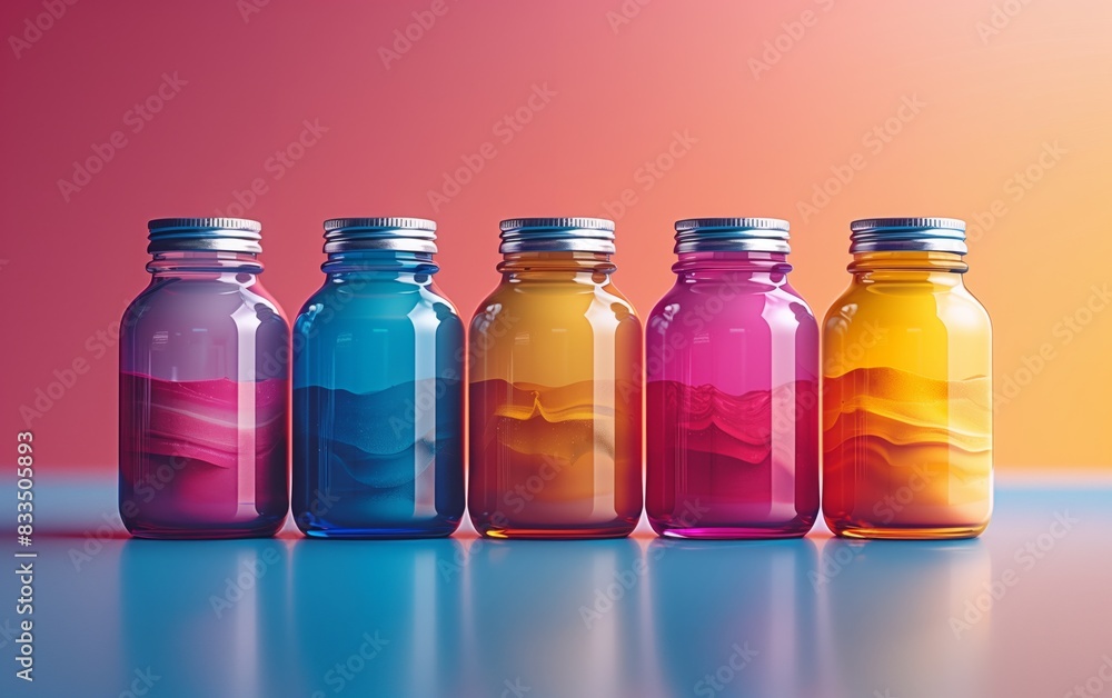 Colorful gradient sand art in glass jars with metallic lids, perfectly aligning on a reflective surface against a sunset-inspired gradient background. Colorful gradient sand art in glass jars with metallic lids, perfectly aligning on a reflective surface against a sunset-inspired gradient background.