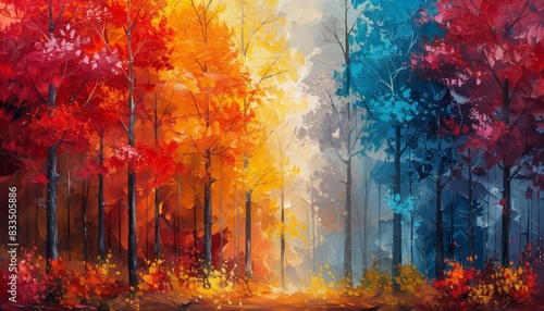 Colorful forest landscape painting with vibrant autumn and winter hues, capturing the beauty of nature's changing seasons. © praewpailyn
