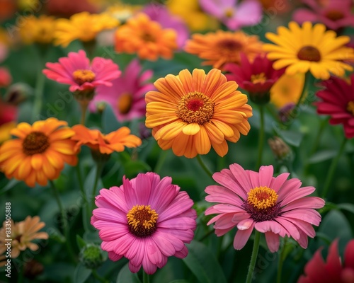 Colorful garden bouquet of vibrant blooming flowers in full bloom  with pink  orange  and yellow petals against lush greenery.