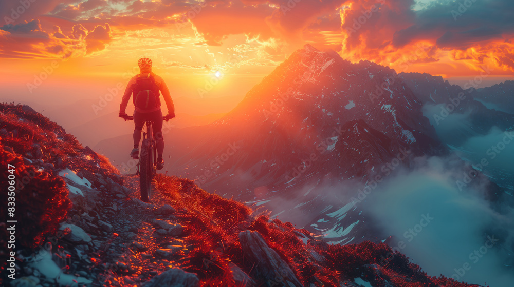Cyclist on mountain trail at sunset, surrounded by breathtaking scenery with vibrant colors and misty clouds. Cyclist on mountain trail at sunset, surrounded by breathtaking scenery with vibrant colors and misty clouds.