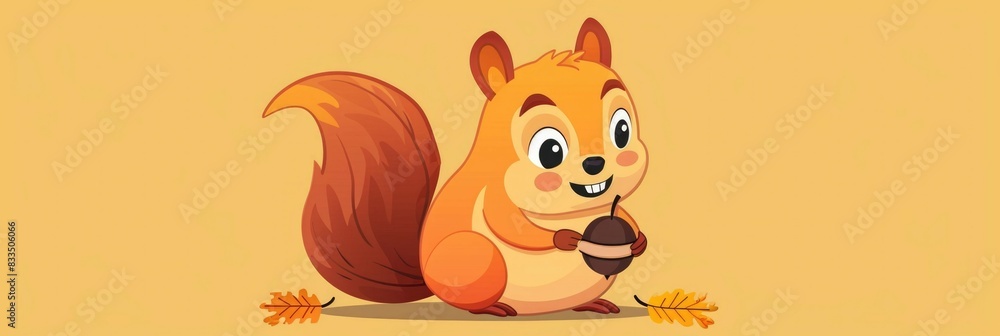 Obraz premium Cute and Cheerful Squirrel Graphic Holding an Acorn and Smiling Playfully in an Autumnal Forest Setting Cartoon Animal Character Design for Mascot Icon or Emblem Usage