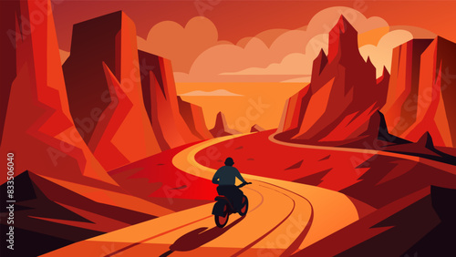 Surrounded by towering red rocks and canyons the biker navigates the winding path with expert skill feeling like they are truly in the midst of a. Vector illustration