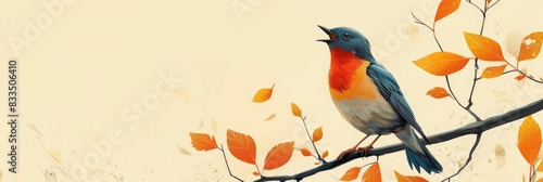 Vibrant and Colorful Depicting a Joyful Songbird Perched on an Autumnal Branch Surrounded by Vibrant Fall Foliage