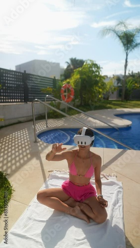 A woman in a VR headset relaxes by a pool, enjoying a digital experience in a summer setting photo