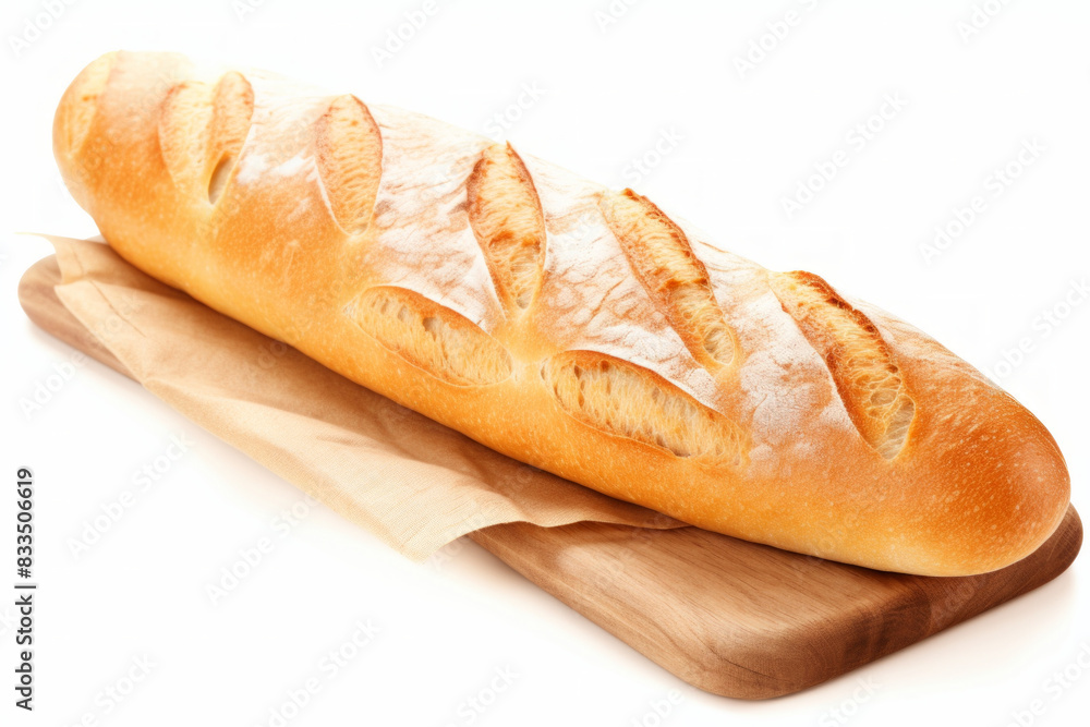Golden crusted baguette resting on a wooden board, wrapped in a cloth napkin Golden crusted baguette resting on a wooden board, wrapped in a cloth napkin