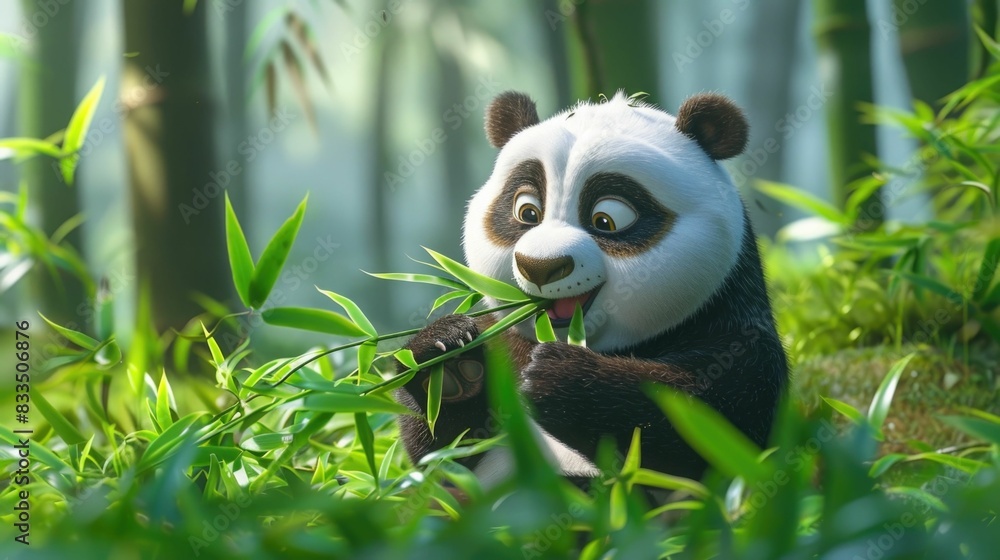 Adorable and content panda bear graphic munching on bamboo in a lush green forest environment The cute cartoon style depicts the peaceful and happy panda in its natural habitat Adorable and content panda bear graphic munching on bamboo in a lush green forest environment The cute cartoon style depicts the peaceful and happy panda in its natural habitat