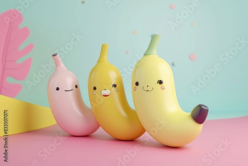 Creative food concept photo of banana character on pastel background.