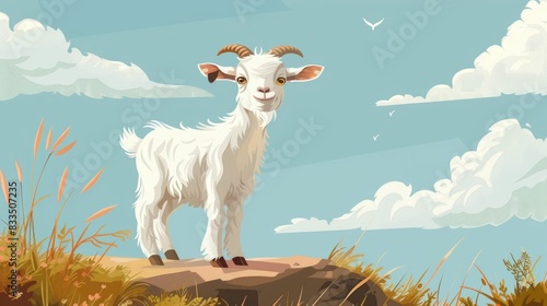 Whimsical of a Curious and Cute Domestic Goat Standing on a Grassy Hill Against a Scenic Backdrop of a Peaceful Countryside Landscape with a Cloudy Sky photo