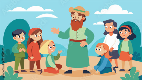 With clever dialogue and charming characters a group of youth performers present the parable of the Good Samaritan in a fun and engaging way.. Vector illustration