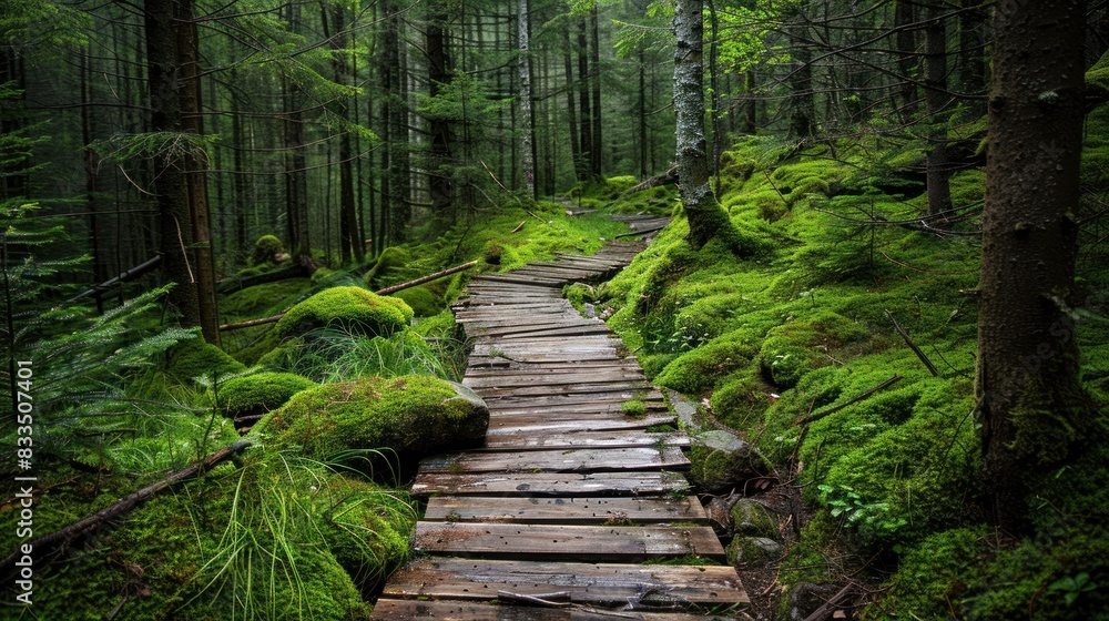 A winding wooden path winds through a lush green forest, trees towering overhead and the path covered in moss. A winding wooden path winds through a lush green forest, trees towering overhead and the path covered in moss.
