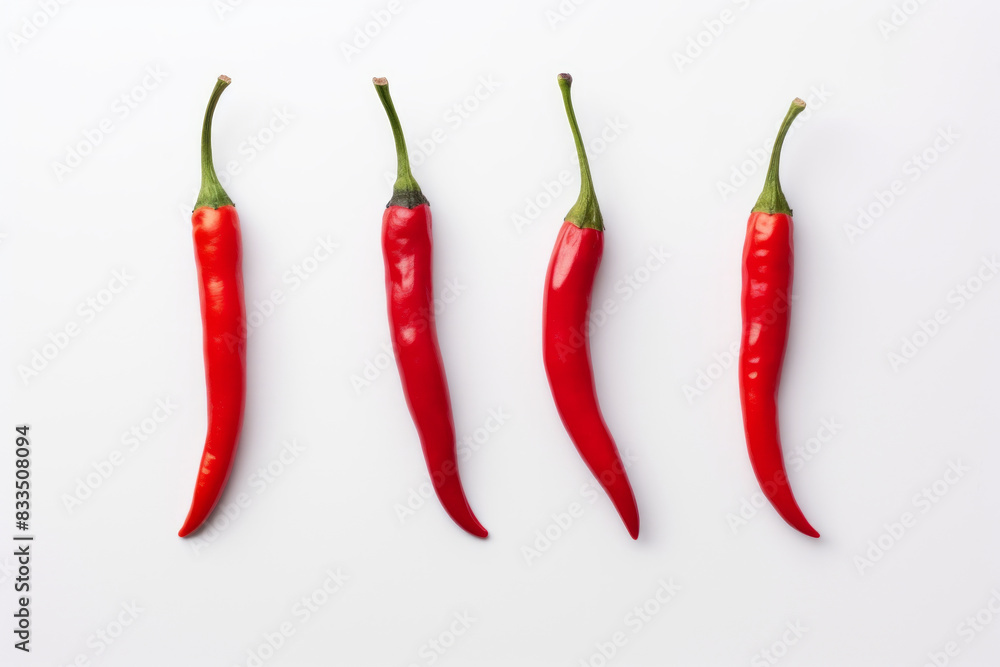 Four long red chili peppers evenly spaced on a white background