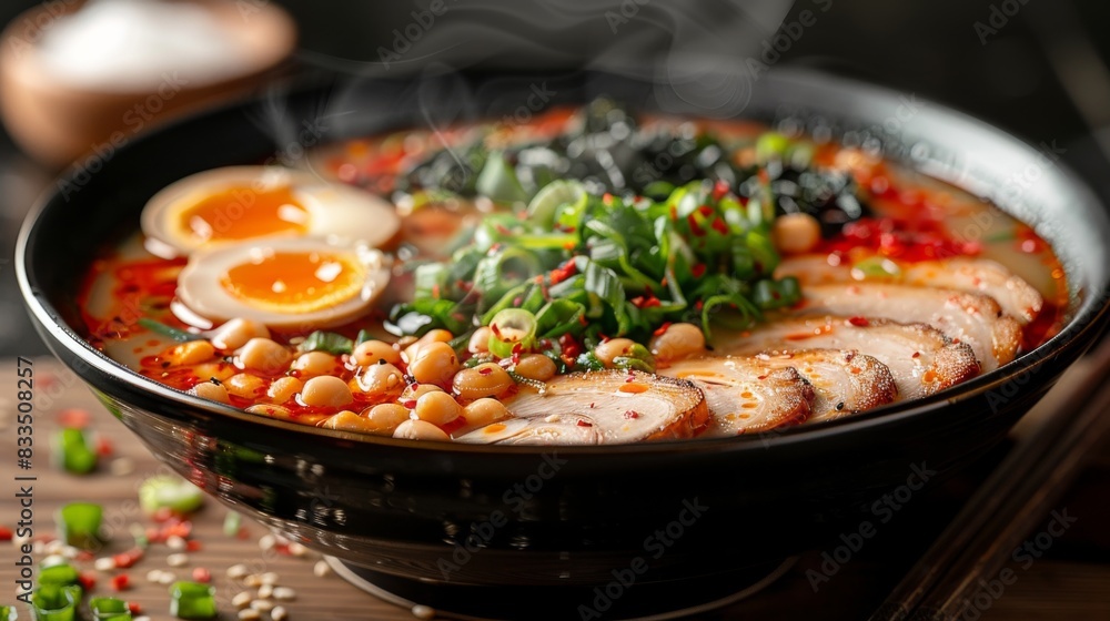 Zoom in on a bowl of steaming ramen noodles, highlighting the rich broth, tender slices of pork, and perfectly cooked Zoom in on a bowl of steaming ramen noodles, highlighting the rich broth, tender slices of pork, and perfectly cooked