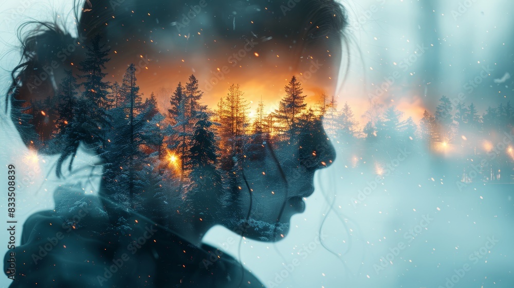 girl in winter landscape, twilight, close up, intense shades, Double exposure silhouette with northern lights girl in winter landscape, twilight, close up, intense shades, Double exposure silhouette with northern lights