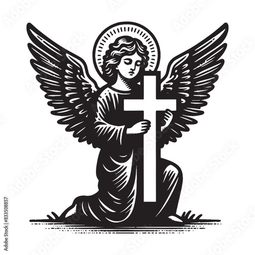 Holy angel with a cross.
Vintage engraving black vector illustration, isolated object, sketch, emblem, logo