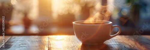 Steaming cup of coffee, with the early morning light filtering through, highlighting the rich aroma and the serene moment of a new day, ai generated photo